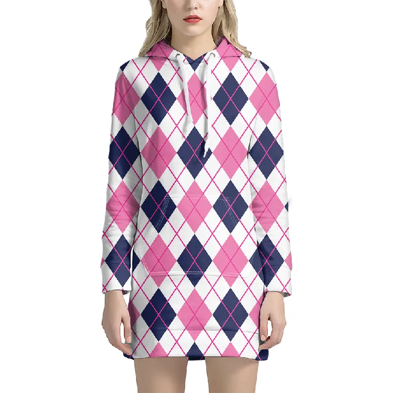 White Pink And Blue Argyle Pattern Print Pullover Hoodie Dress