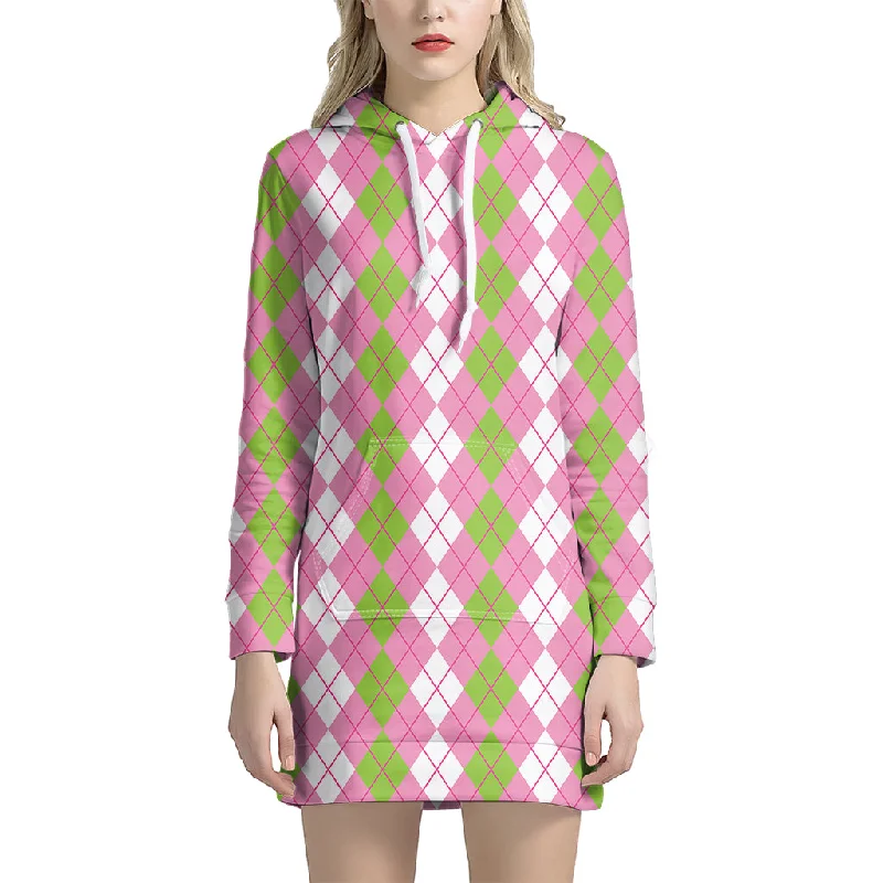 White Pink And Green Argyle Print Pullover Hoodie Dress