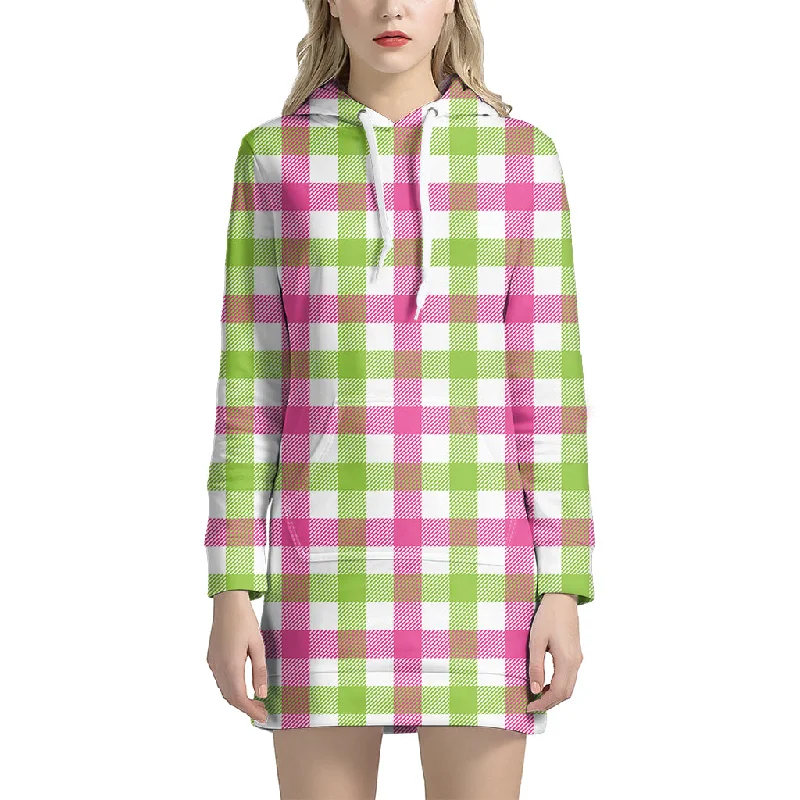 White Pink And Green Buffalo Plaid Print Pullover Hoodie Dress