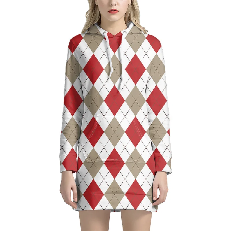 White Red And Beige Argyle Pattern Print Pullover Hoodie Dress