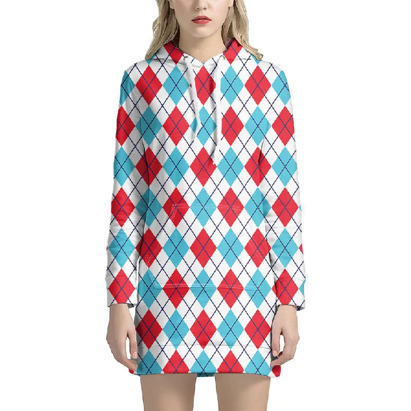 White Red And Blue Argyle Pattern Print Pullover Hoodie Dress