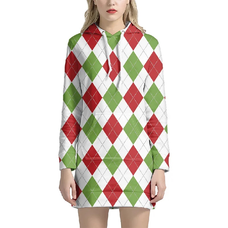 White Red And Green Argyle Pattern Print Pullover Hoodie Dress