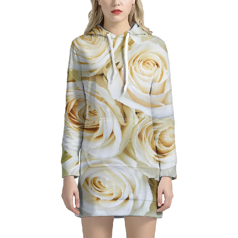 White Rose Print Pullover Hoodie Dress