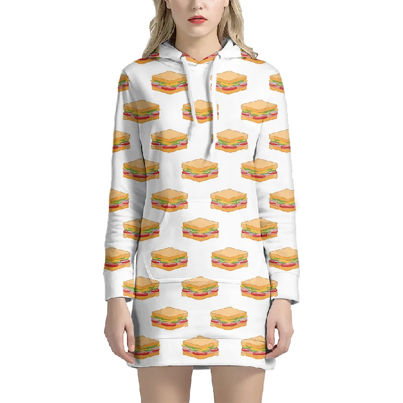 White Sandwiches Pattern Print Pullover Hoodie Dress