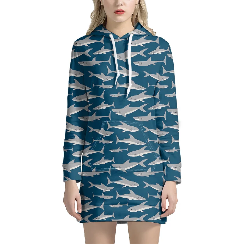 White Shark Pattern Print Pullover Hoodie Dress