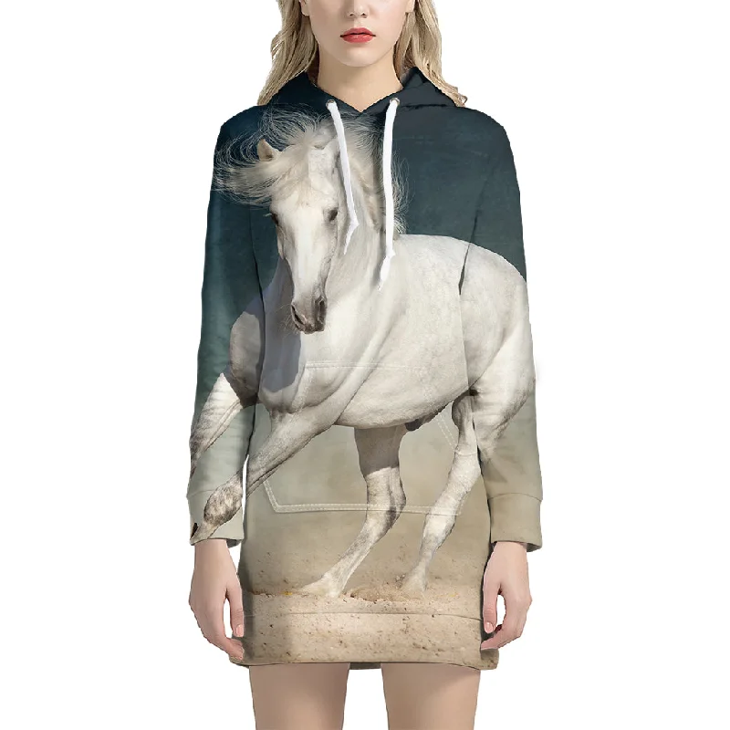 White Stallion Horse Print Pullover Hoodie Dress