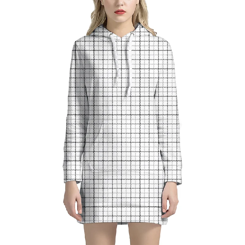 White Tattersall Pattern Print Pullover Hoodie Dress