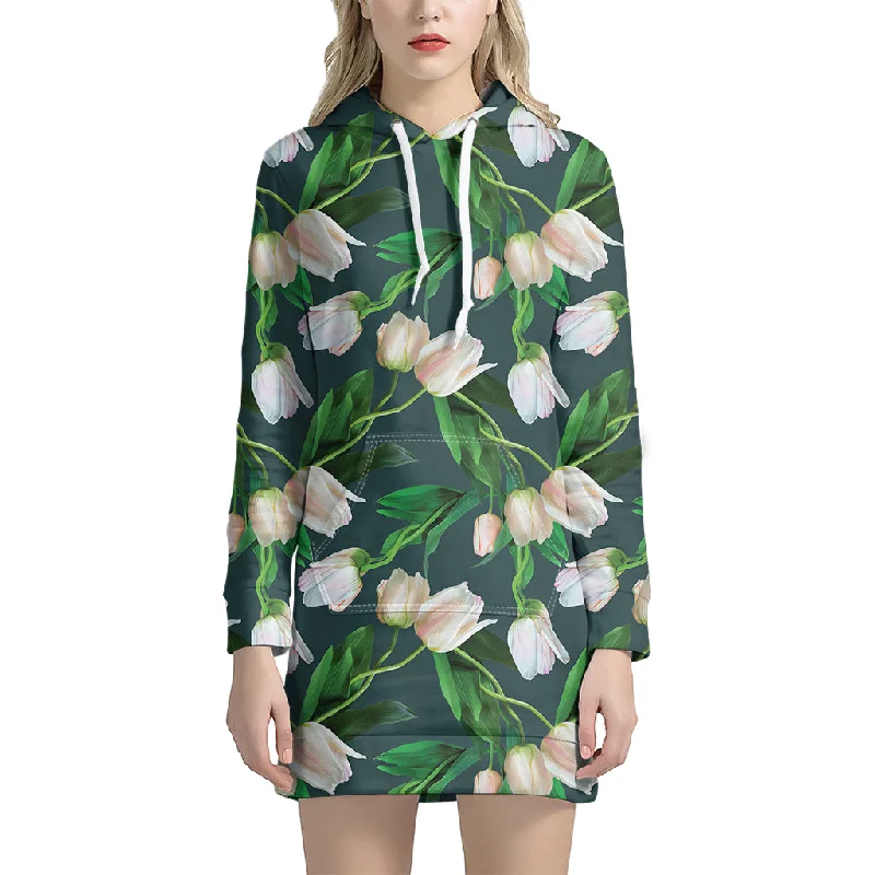 White Tulip Pattern Print Pullover Hoodie Dress