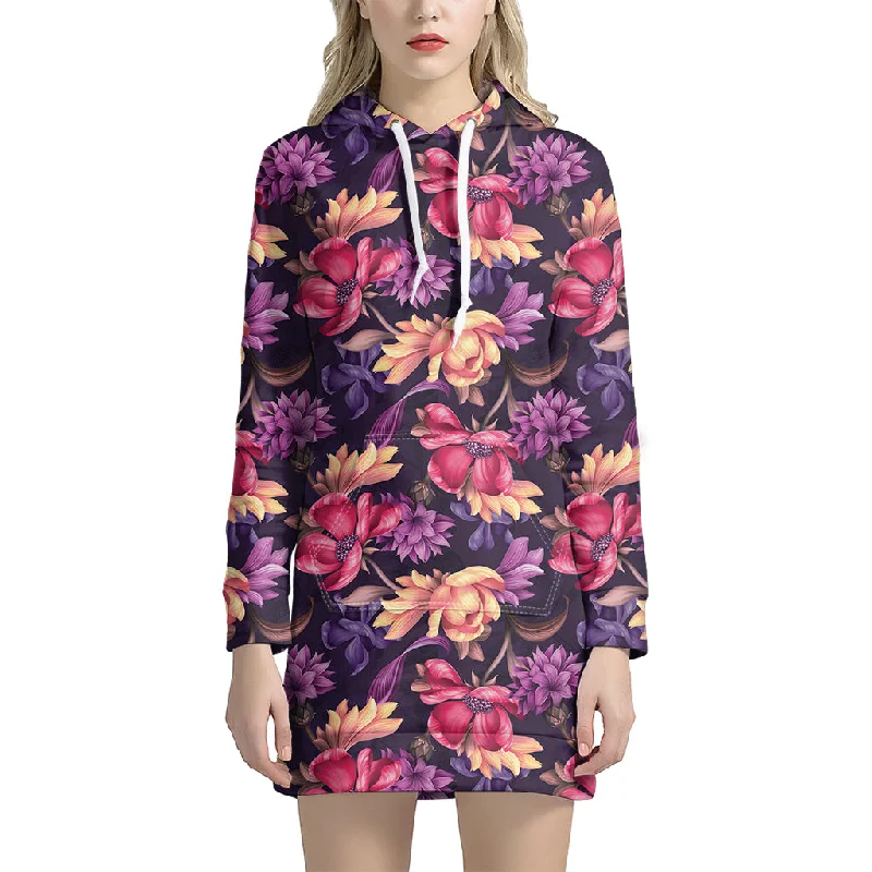 Wild Flower Print Pullover Hoodie Dress