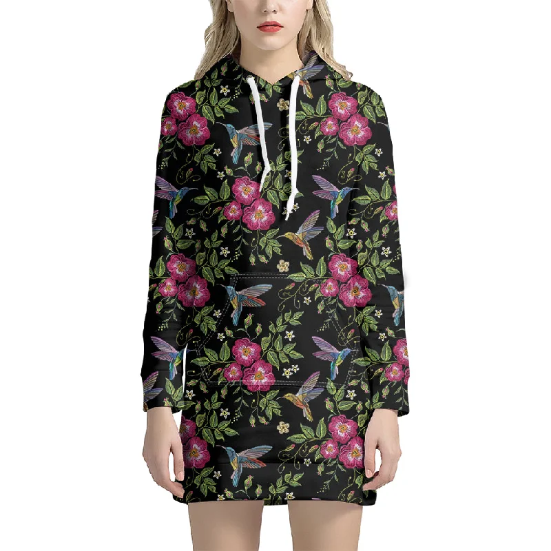 Wild Flowers And Hummingbird Print Pullover Hoodie Dress