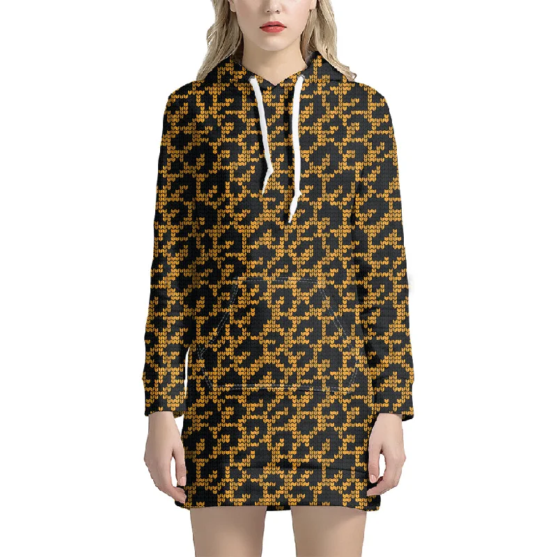 Wild Leopard Knitted Pattern Print Pullover Hoodie Dress