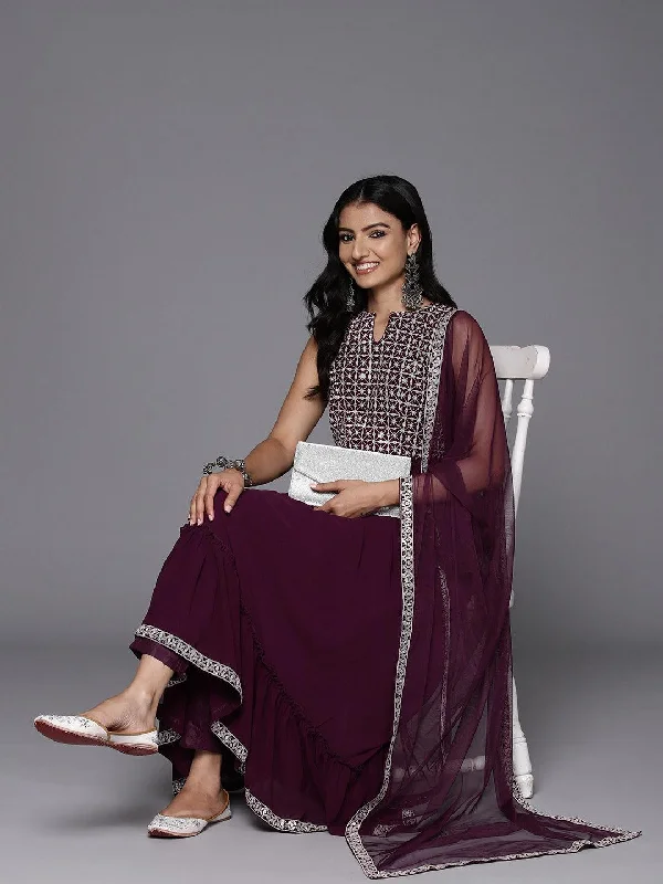 Wine Embroidered Georgette Anarkali Suit With Dupatta