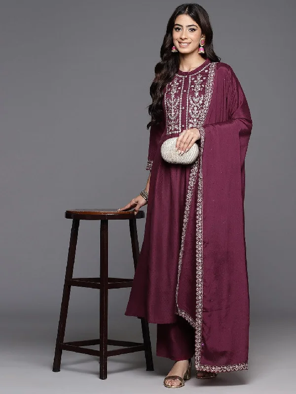 Wine Yoke Design Silk Blend Anarkali Suit With Dupatta