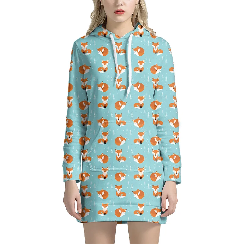 Winter Fox Pattern Print Pullover Hoodie Dress