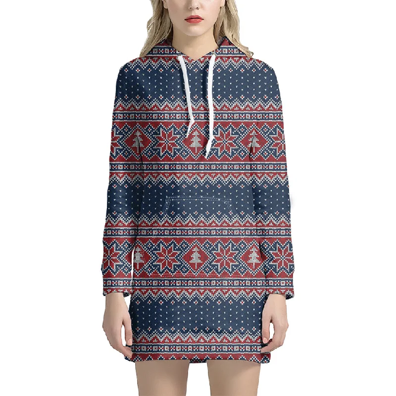 Winter Holiday Knitted Pattern Print Pullover Hoodie Dress