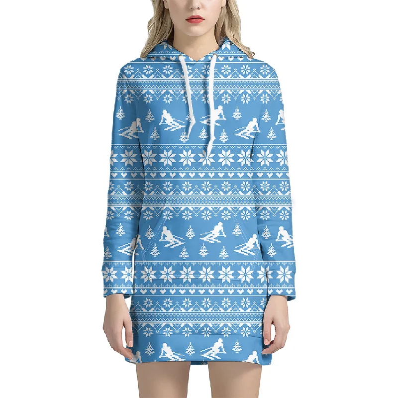 Winter Ski Knitting Pattern Print Pullover Hoodie Dress