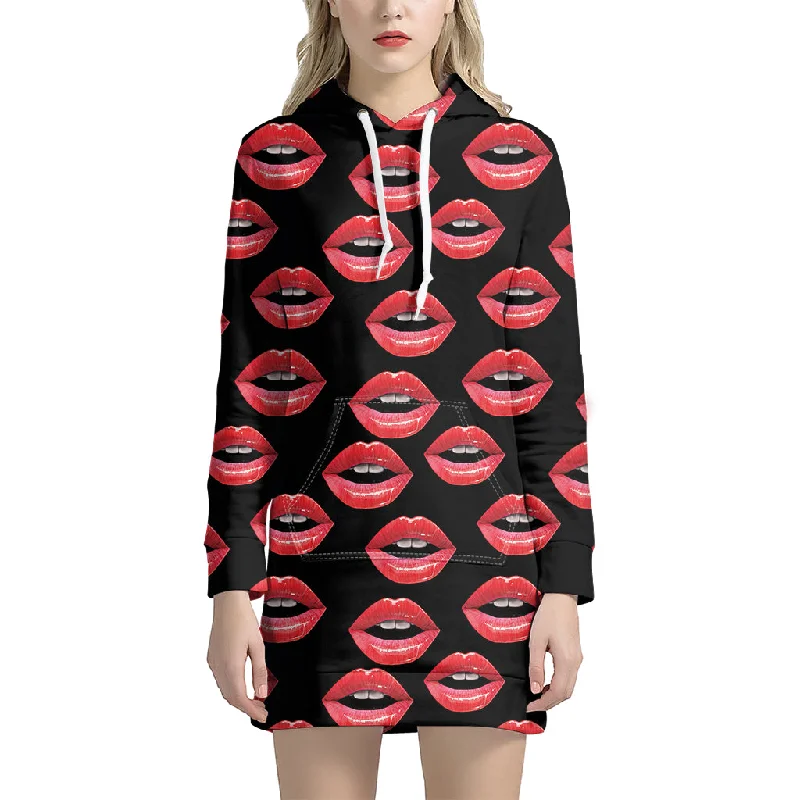 Women's Lips Pattern Print Pullover Hoodie Dress