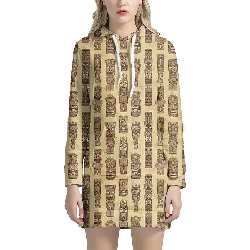 Wooden Tiki Pattern Print Pullover Hoodie Dress