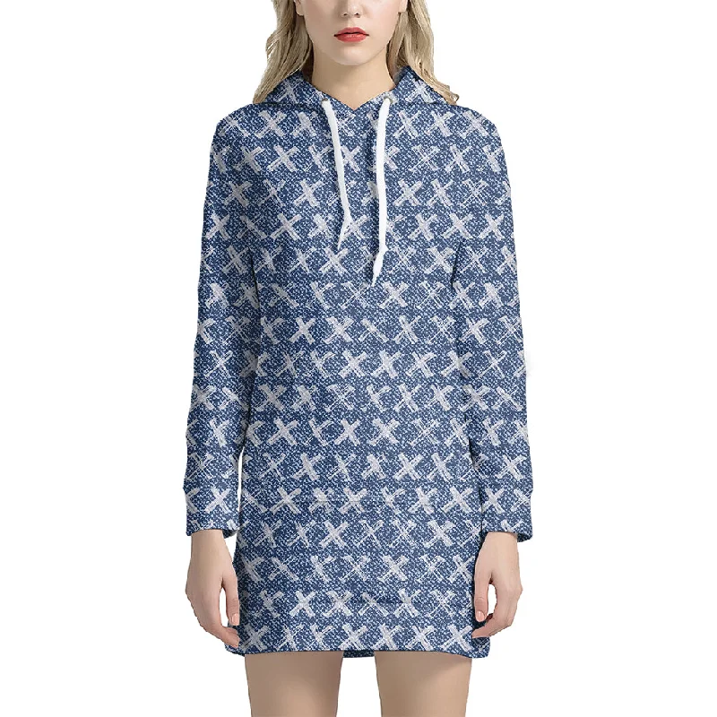 X Cross Denim Jeans Pattern Print Pullover Hoodie Dress