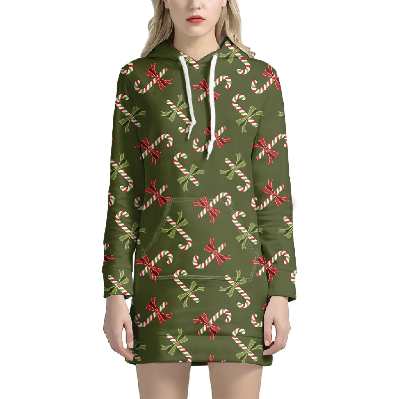 Xmas Candy Cane Pattern Print Pullover Hoodie Dress