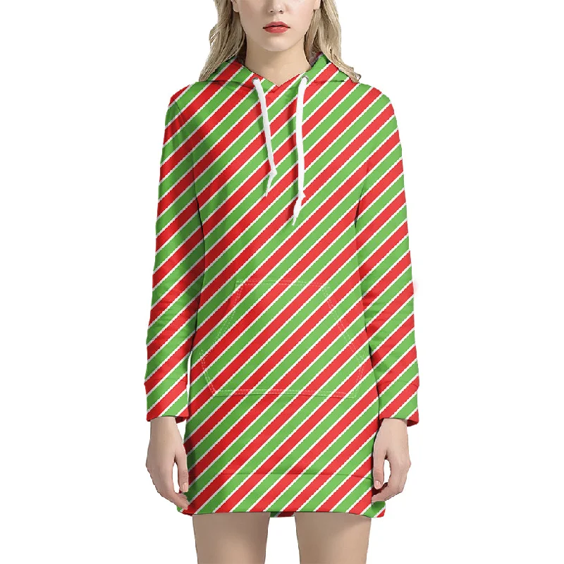 Xmas Candy Cane Stripes Print Pullover Hoodie Dress