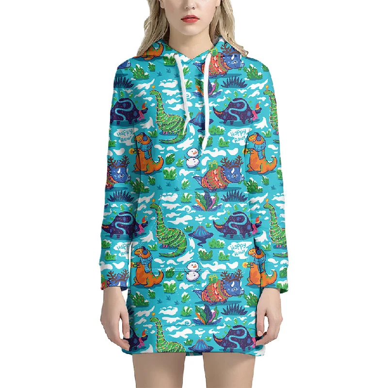 Xmas Dinosaur Pattern Print Pullover Hoodie Dress