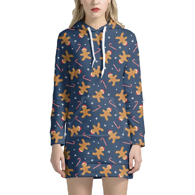 Xmas Gingerbread Man Pattern Print Pullover Hoodie Dress