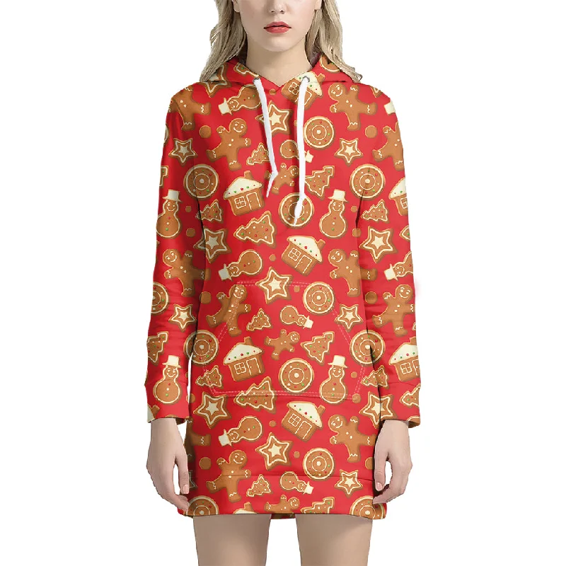 Xmas Gingerbread Pattern Print Pullover Hoodie Dress