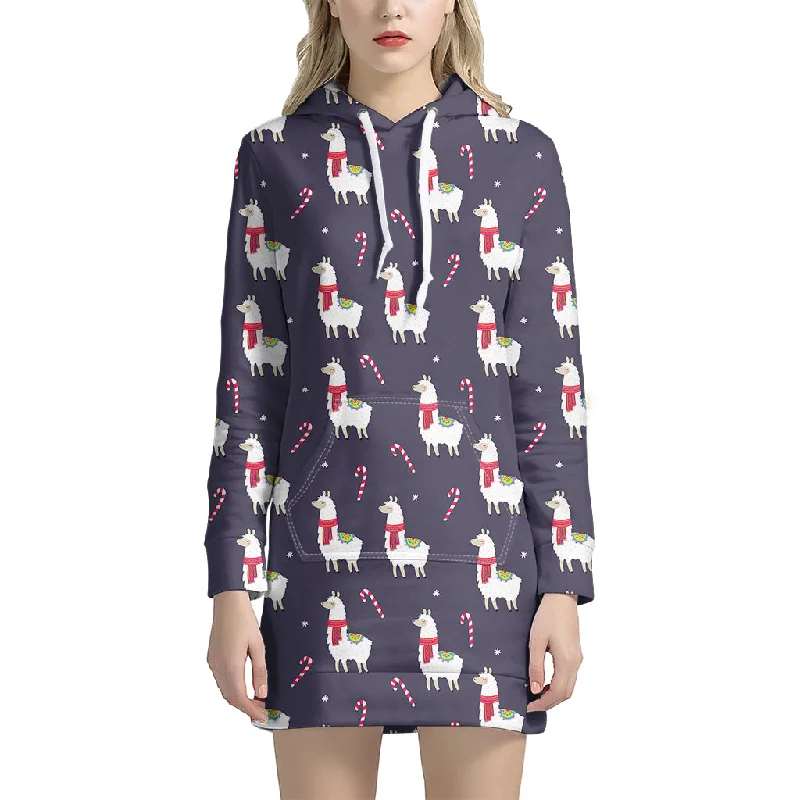 Xmas Llama Pattern Print Pullover Hoodie Dress