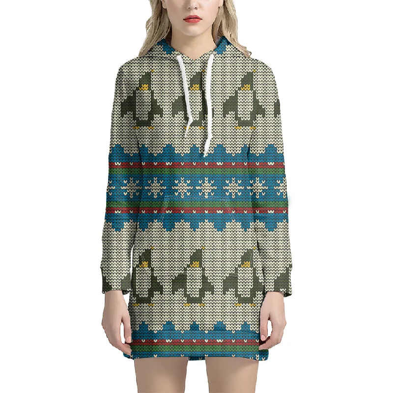 Xmas Penguin Pattern Print Pullover Hoodie Dress