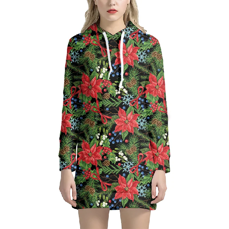 Xmas Poinsettia Pattern Print Pullover Hoodie Dress