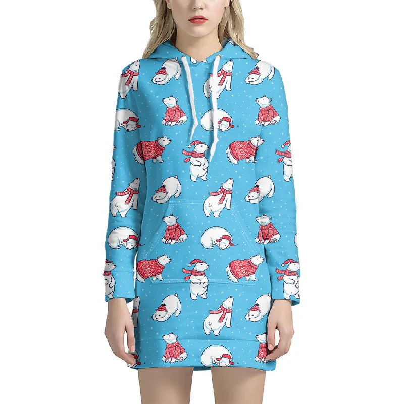 Xmas Polar Bear Pattern Print Pullover Hoodie Dress