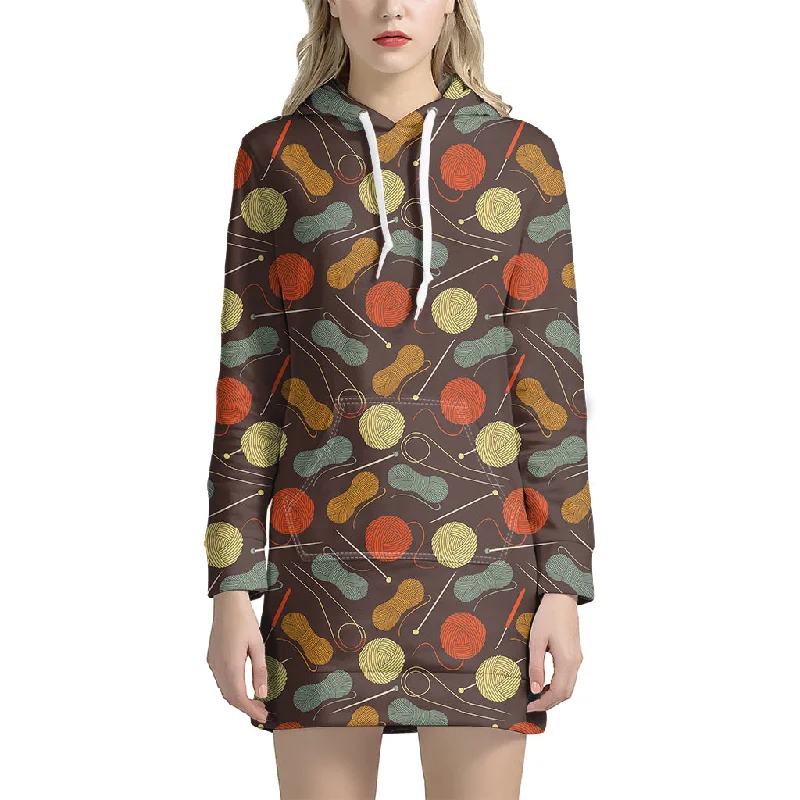 Yarn And Needle Pattern Print Pullover Hoodie Dress