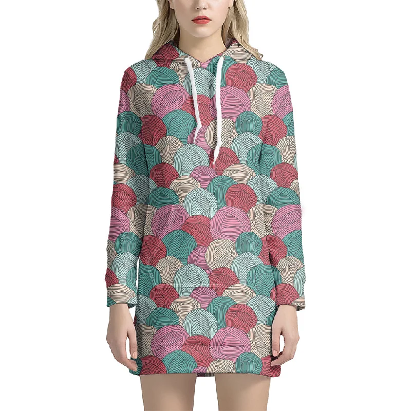 Yarn Balls Pattern Print Pullover Hoodie Dress