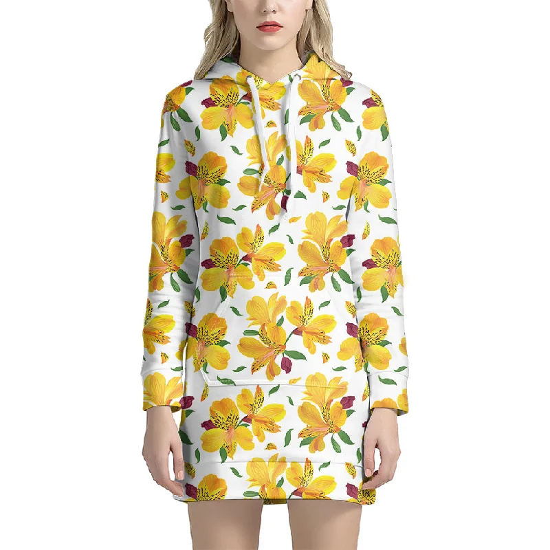 Yellow Alstroemeria Pattern Print Pullover Hoodie Dress