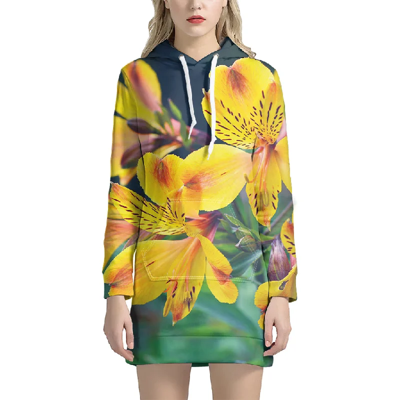 Yellow Alstroemeria Print Pullover Hoodie Dress