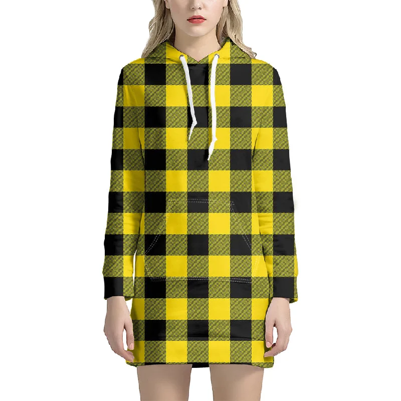 Yellow And Black Buffalo Check Print Pullover Hoodie Dress