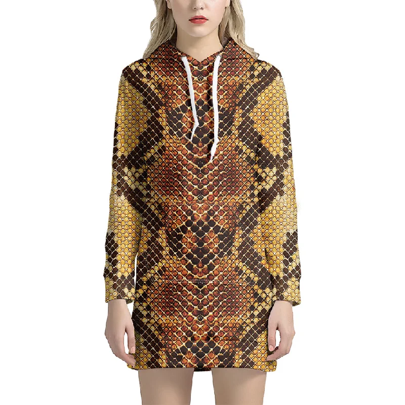 Yellow And Brown Snakeskin Print Pullover Hoodie Dress