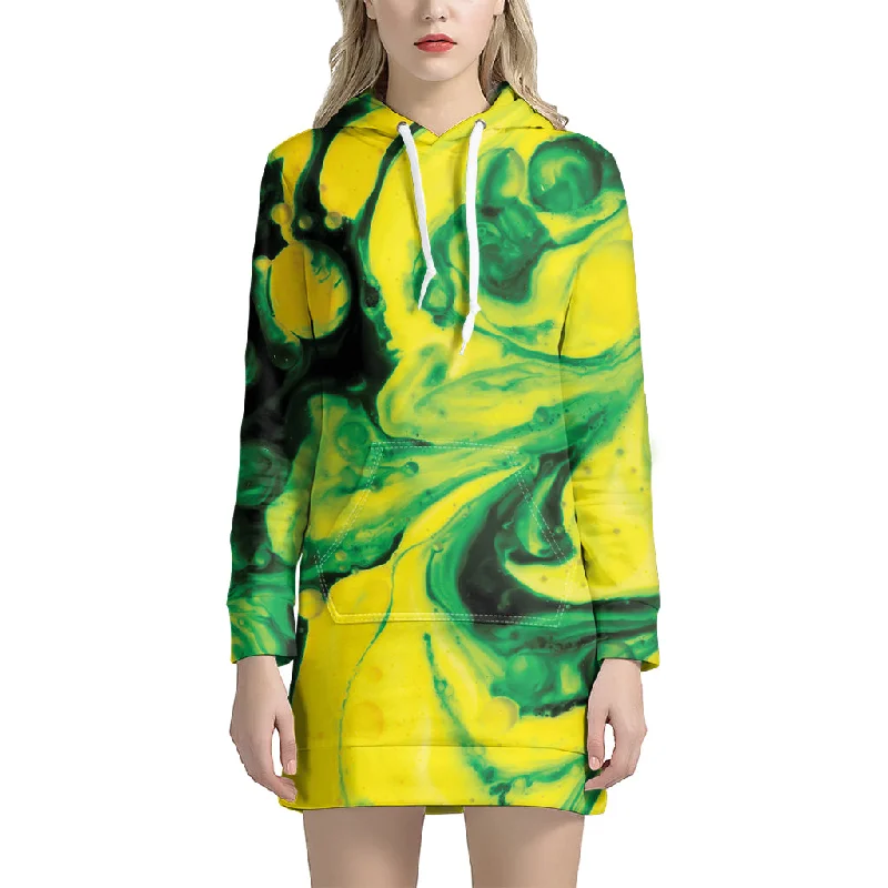 Yellow And Green Acid Melt Print Pullover Hoodie Dress