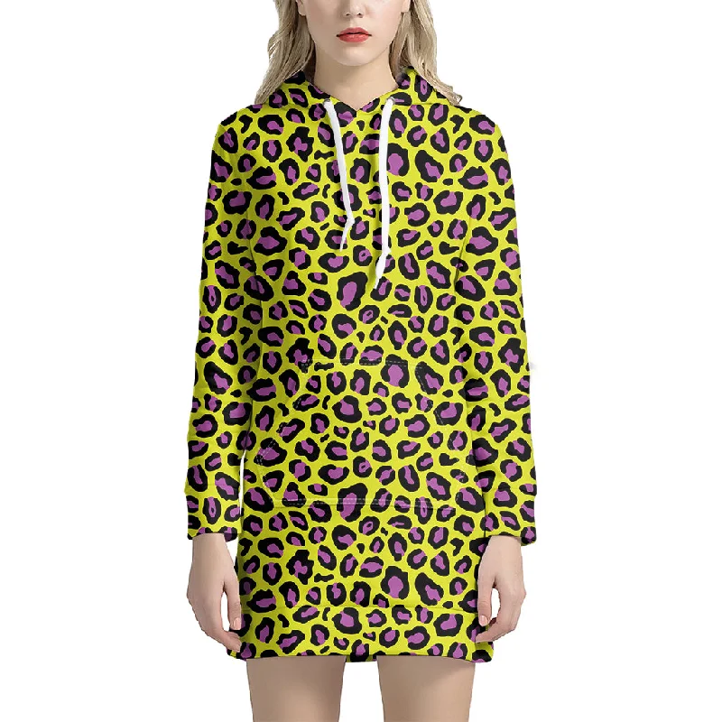 Yellow And Purple Leopard Pattern Print Pullover Hoodie Dress