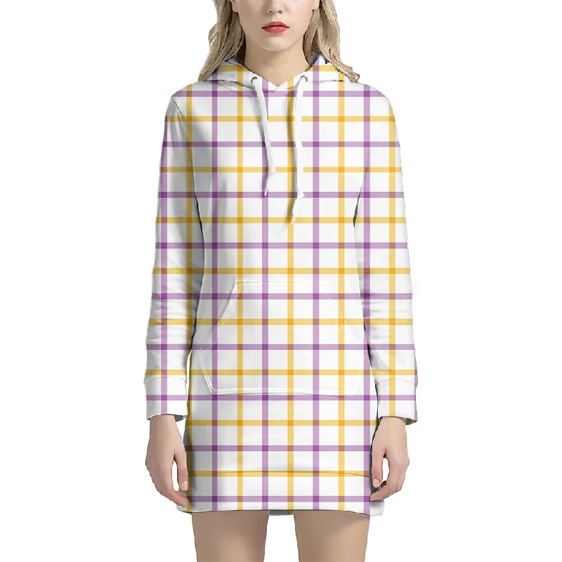 Yellow And Purple Tattersall Print Pullover Hoodie Dress