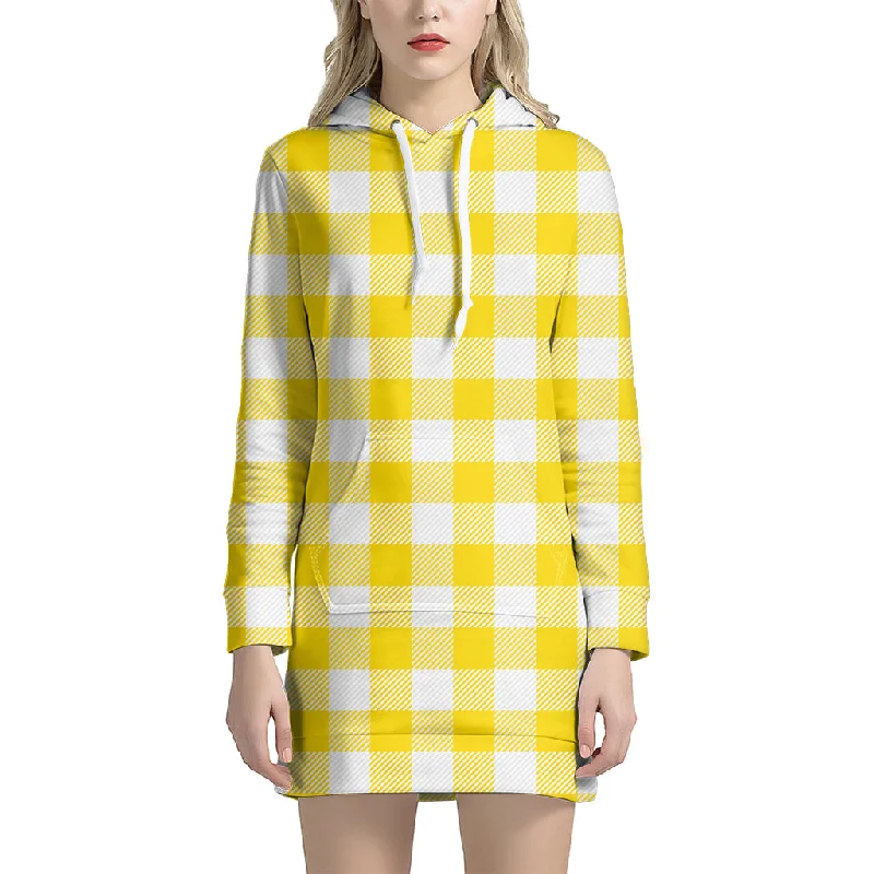 Yellow And White Buffalo Check Print Pullover Hoodie Dress