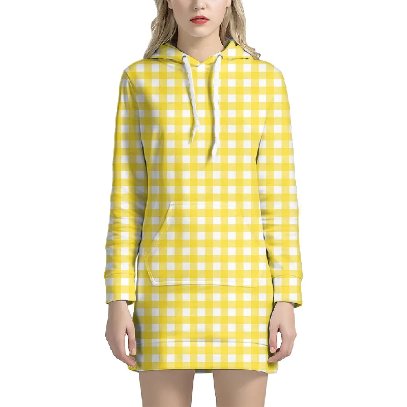 Yellow And White Check Pattern Print Pullover Hoodie Dress