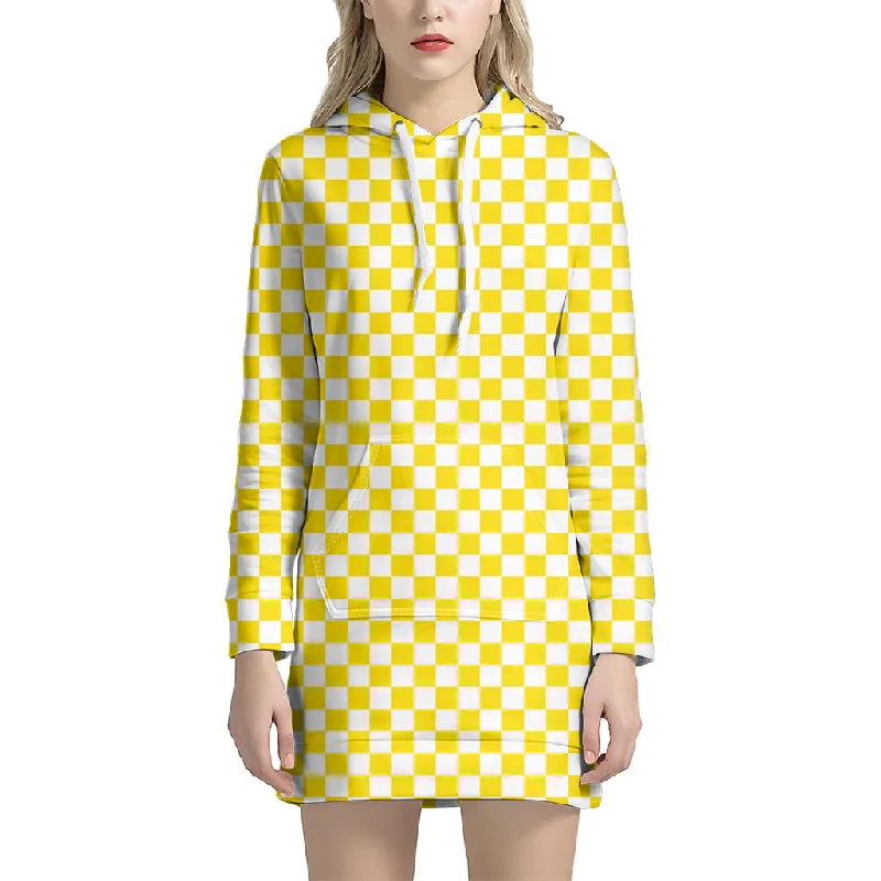 Yellow And White Checkered Pattern Print Pullover Hoodie Dress