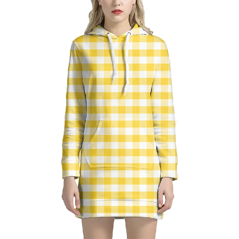 Yellow And White Gingham Pattern Print Pullover Hoodie Dress