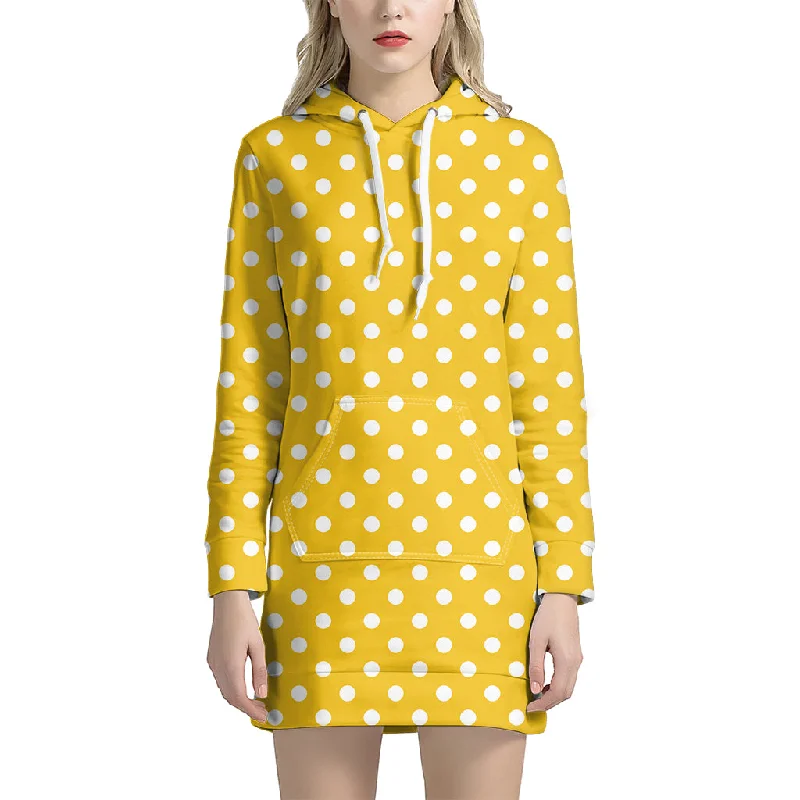 Yellow And White Polka Dot Pattern Print Pullover Hoodie Dress