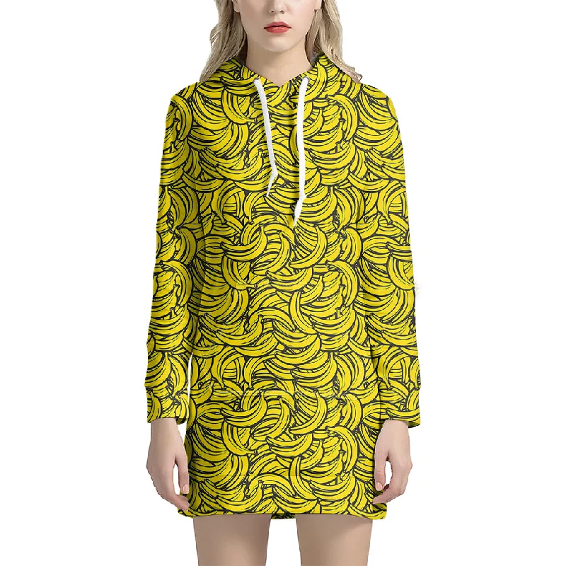 Yellow Banana Pattern Print Pullover Hoodie Dress