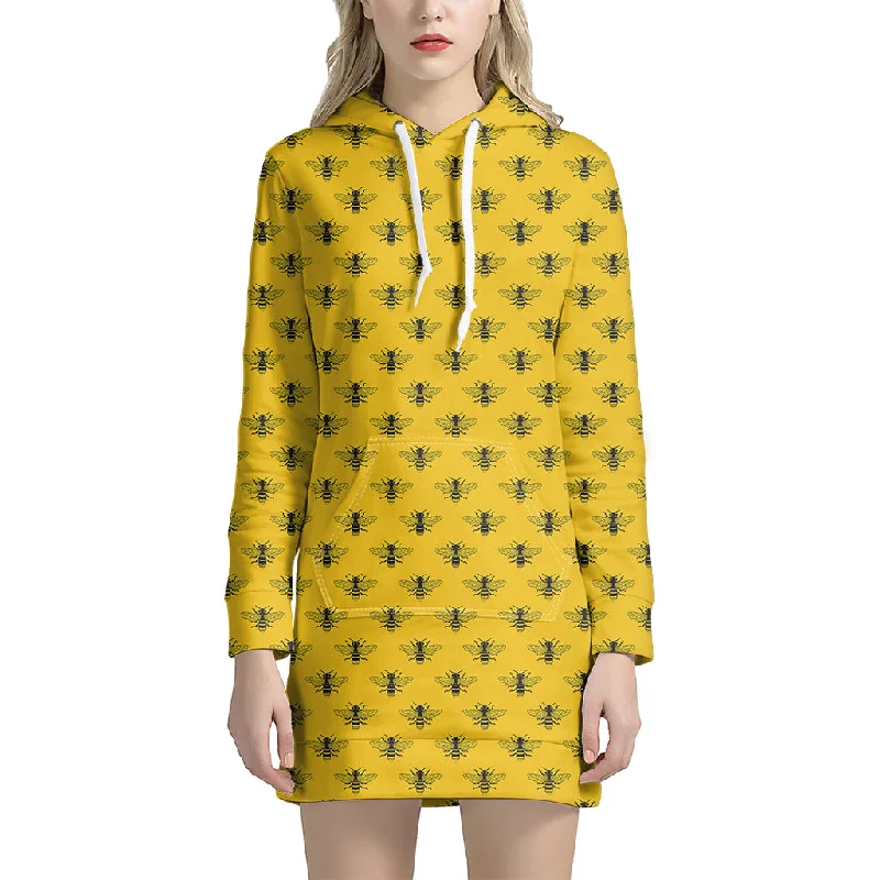 Yellow Bee Pattern Print Pullover Hoodie Dress