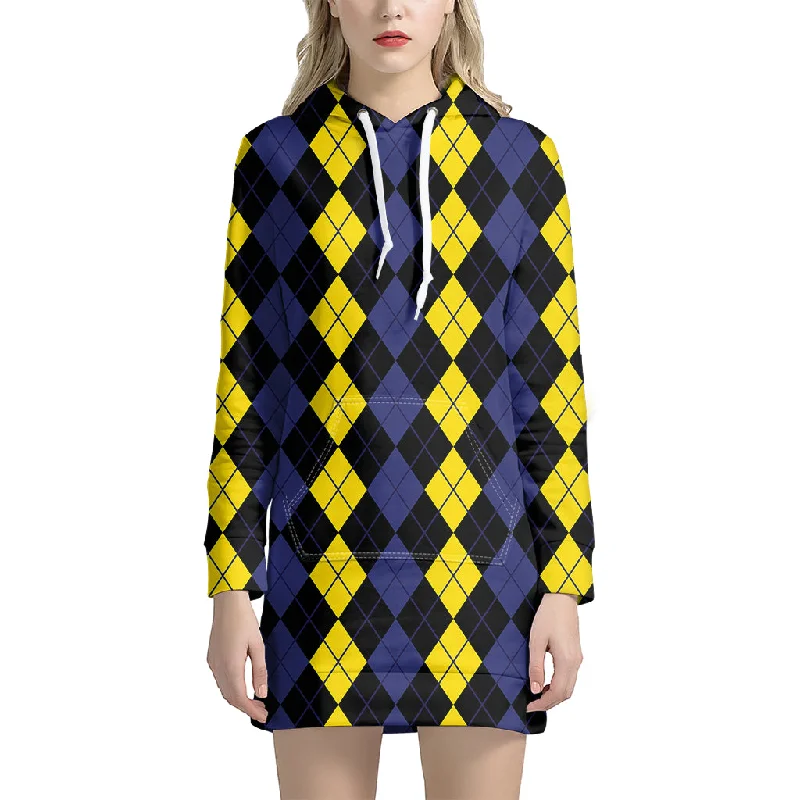 Yellow Black And Blue Argyle Print Pullover Hoodie Dress