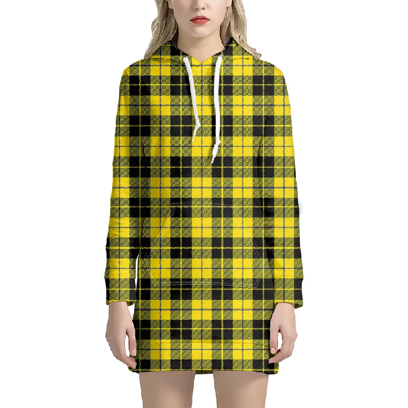 Yellow Black And Blue Tartan Print Pullover Hoodie Dress